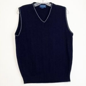 Vintage Town Craft Deep Blue V-Neck Sweater Vest with Grey Trim